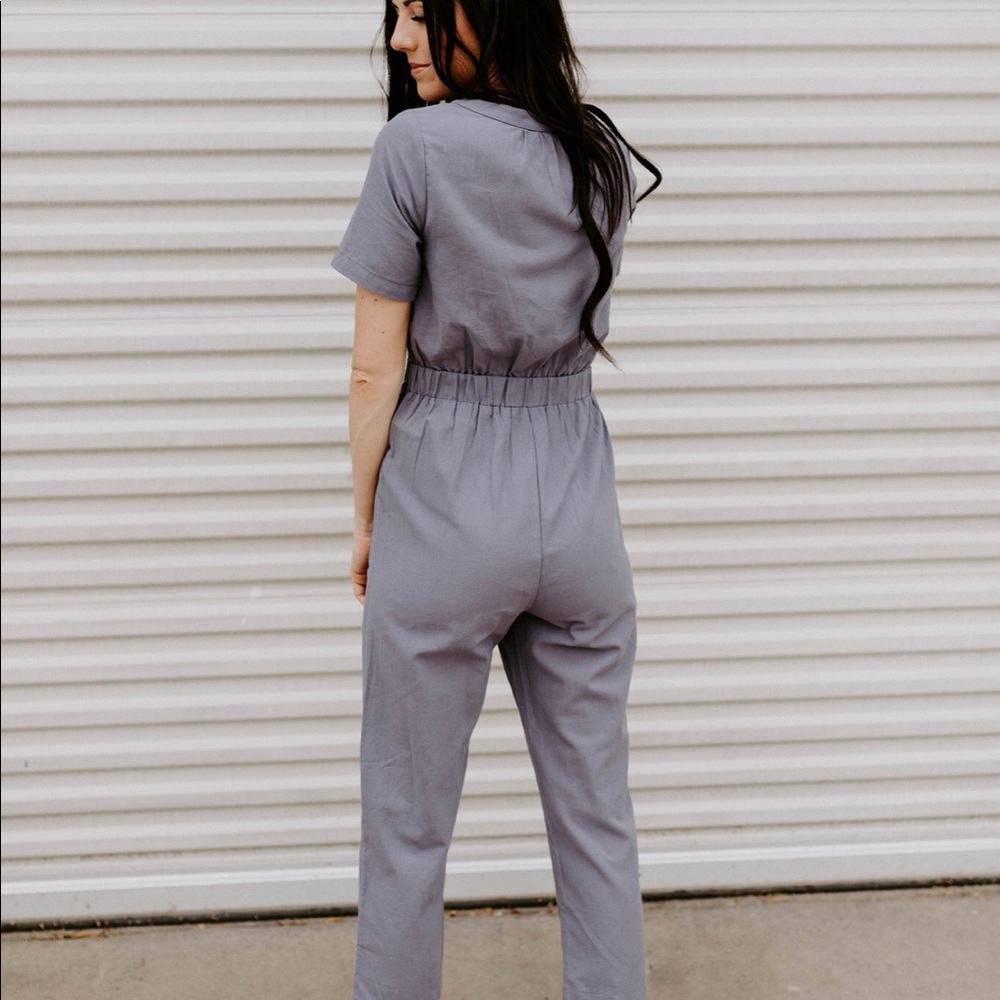 Short Sleeve Button Down Jumpsuit -Dusty Lavender - Picture 7 of 8